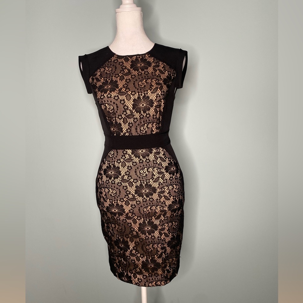 Like new fitted black lace dress by Adrianna Papell.  Size 2P